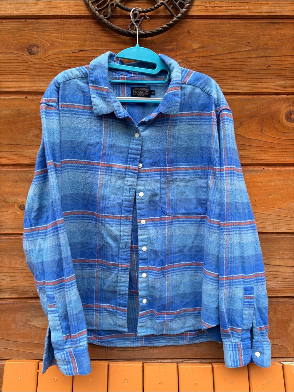 Pendleton Blue and Orange Plaid Button-Up Shirt
